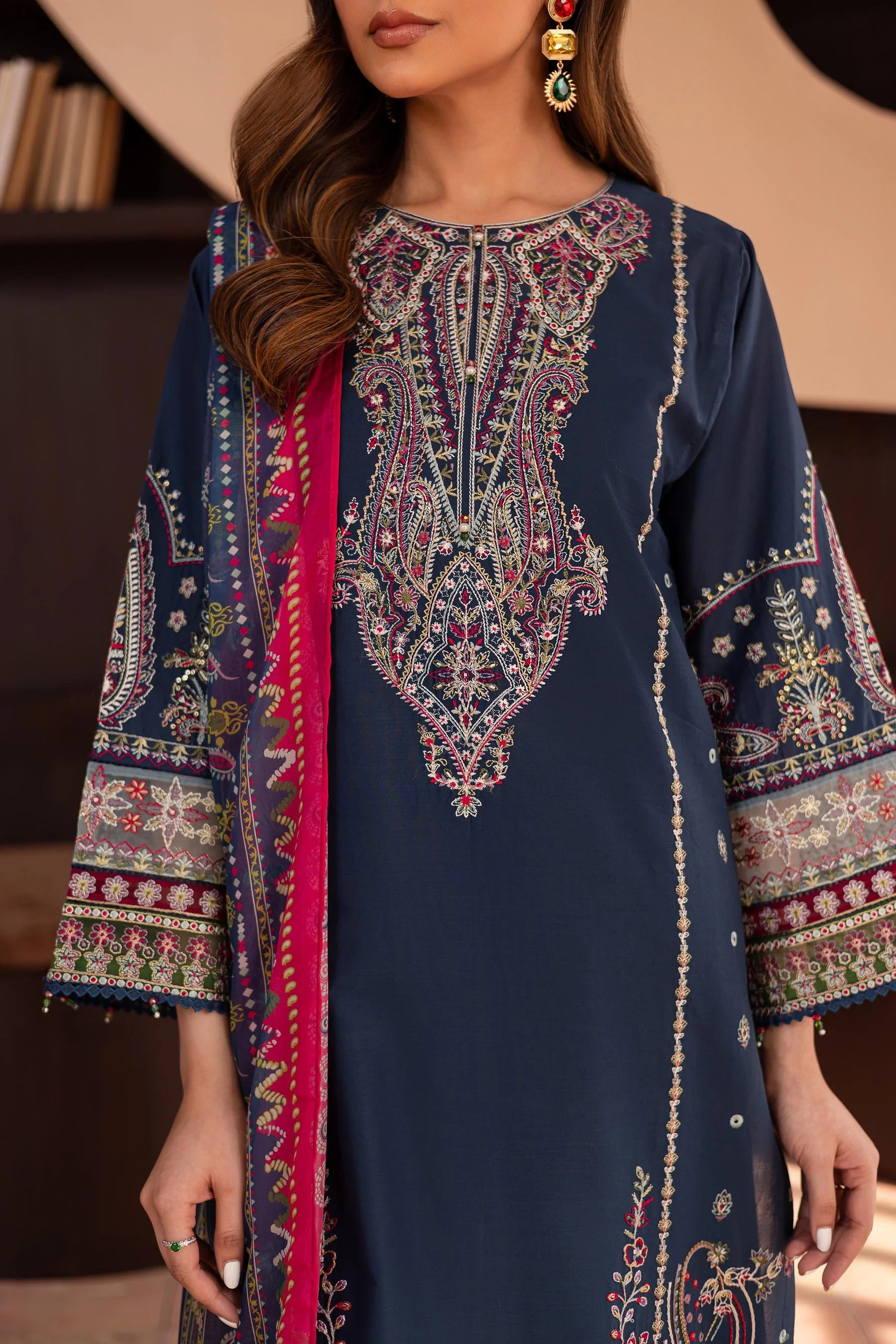 BATIK - 3PC DHANAK EMBROIDERED SHIRT WITH TWILL PRINTED SHAWL AND TROUSER - HZG2417
