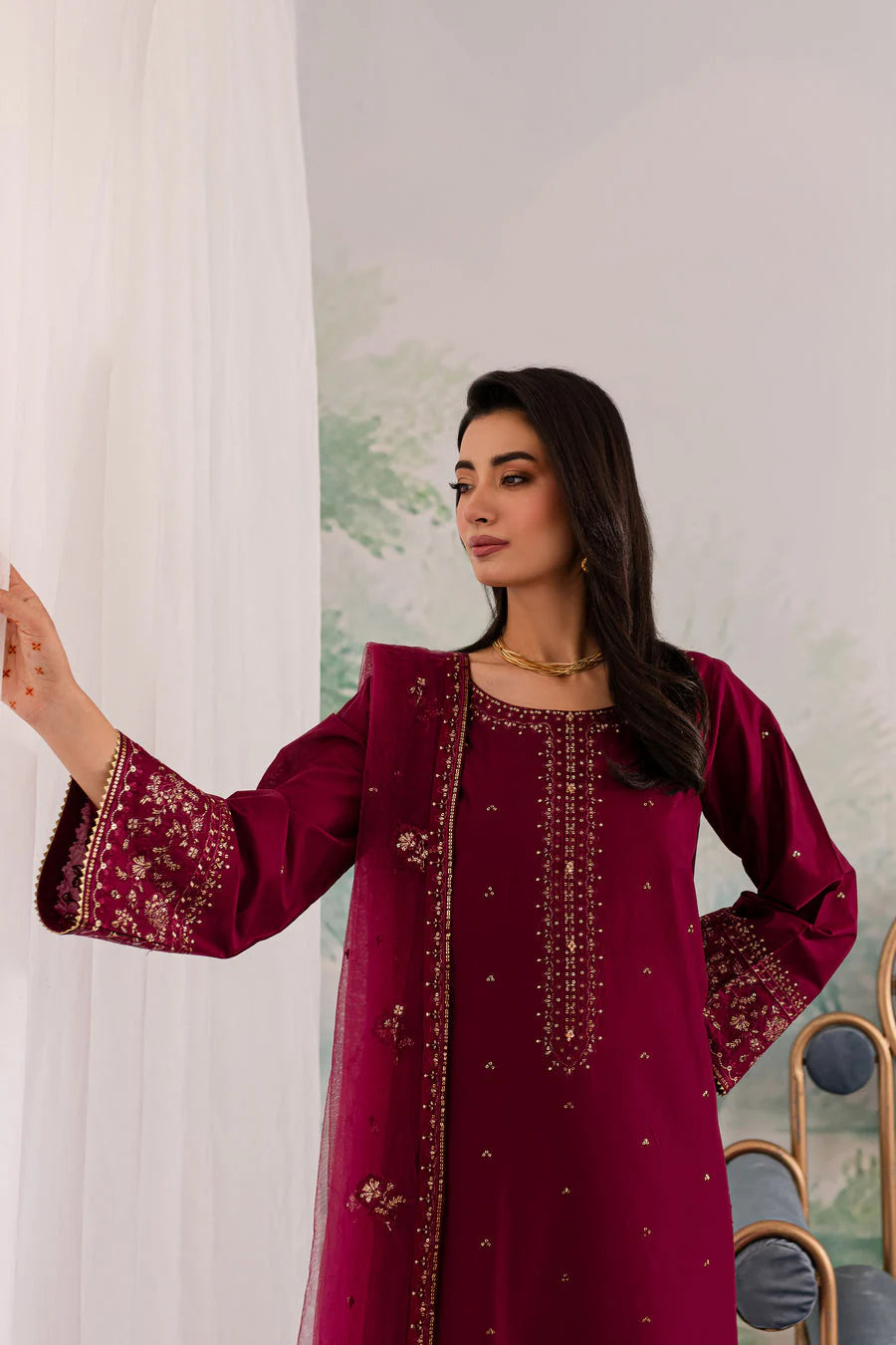 JAZMIN - 3PC DHANAK EMBROIDERED SHIRT WITH CHIFFON EMBROIDERED DUPATTA AND TROUSER - HZG2415