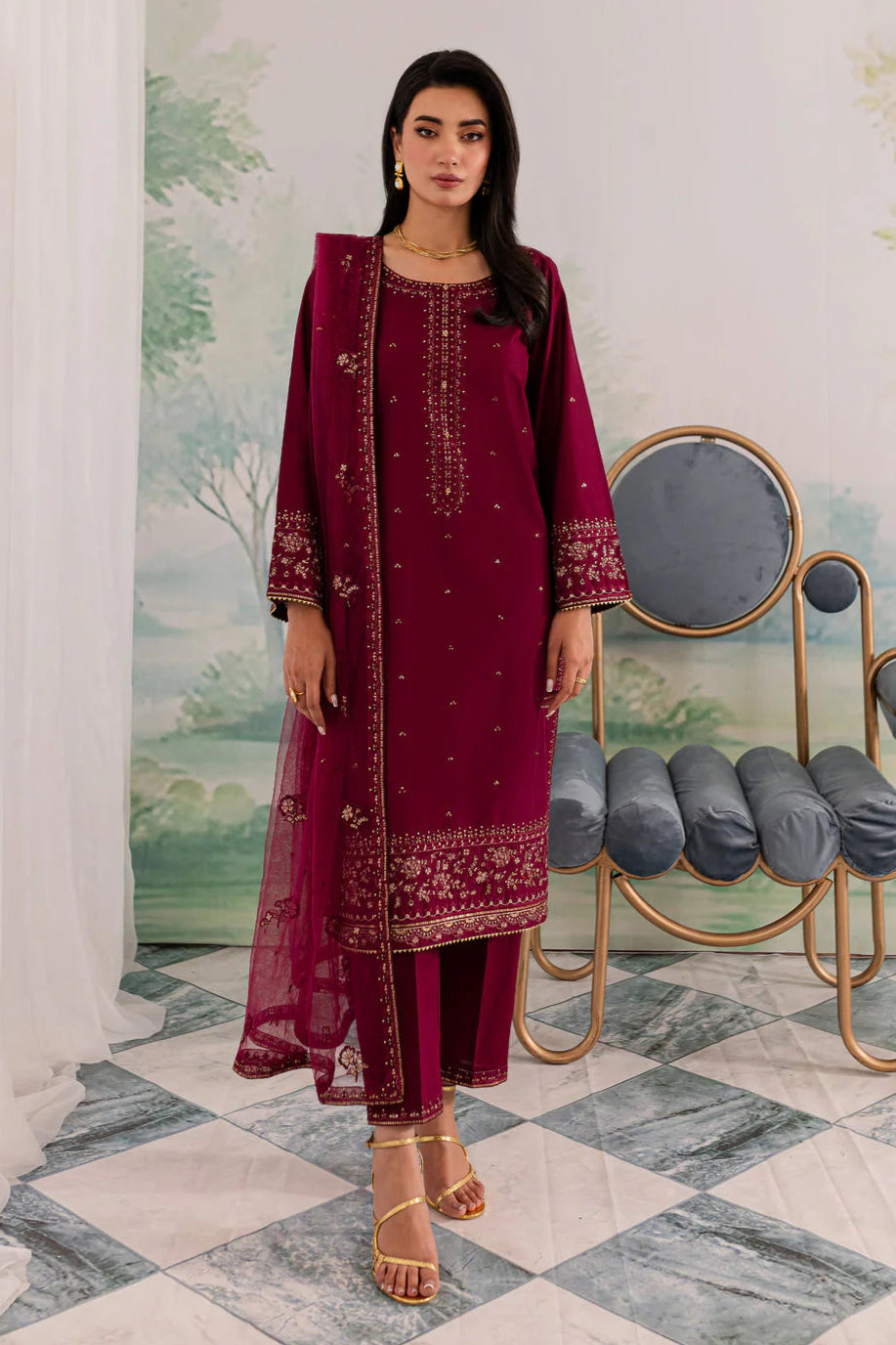 JAZMIN - 3PC DHANAK EMBROIDERED SHIRT WITH CHIFFON EMBROIDERED DUPATTA AND TROUSER - HZG2415