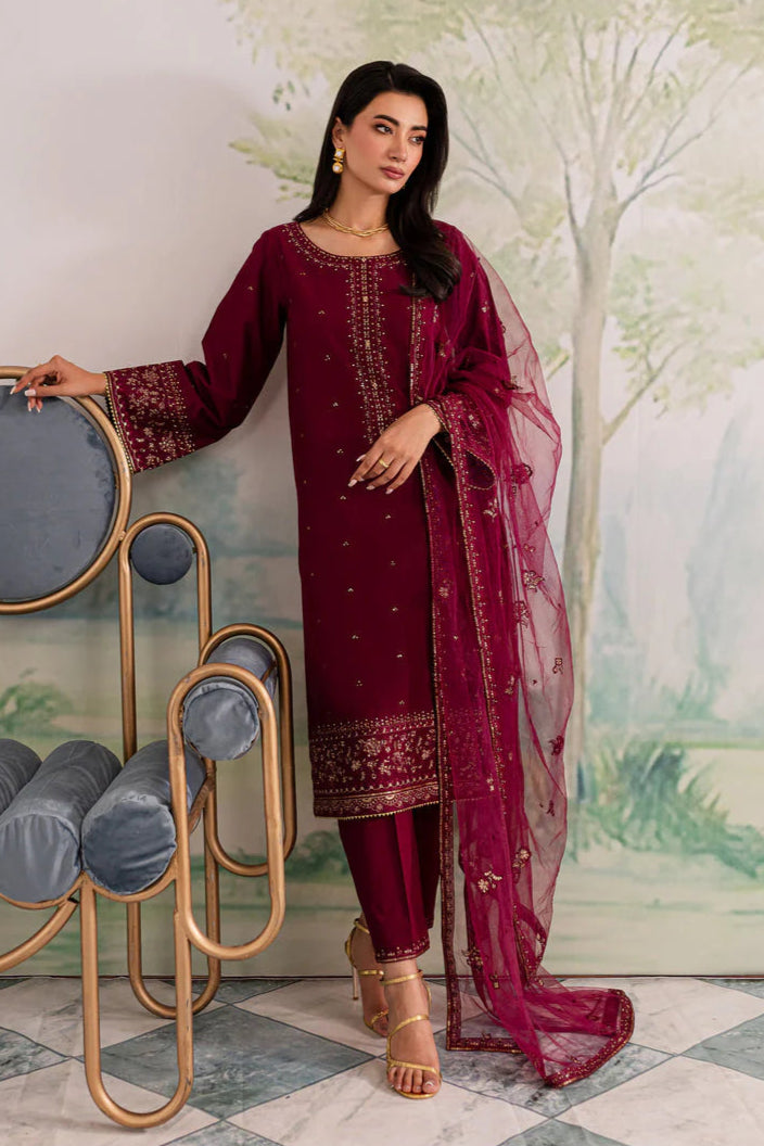 JAZMIN - 3PC DHANAK EMBROIDERED SHIRT WITH CHIFFON EMBROIDERED DUPATTA AND TROUSER - HZG2415