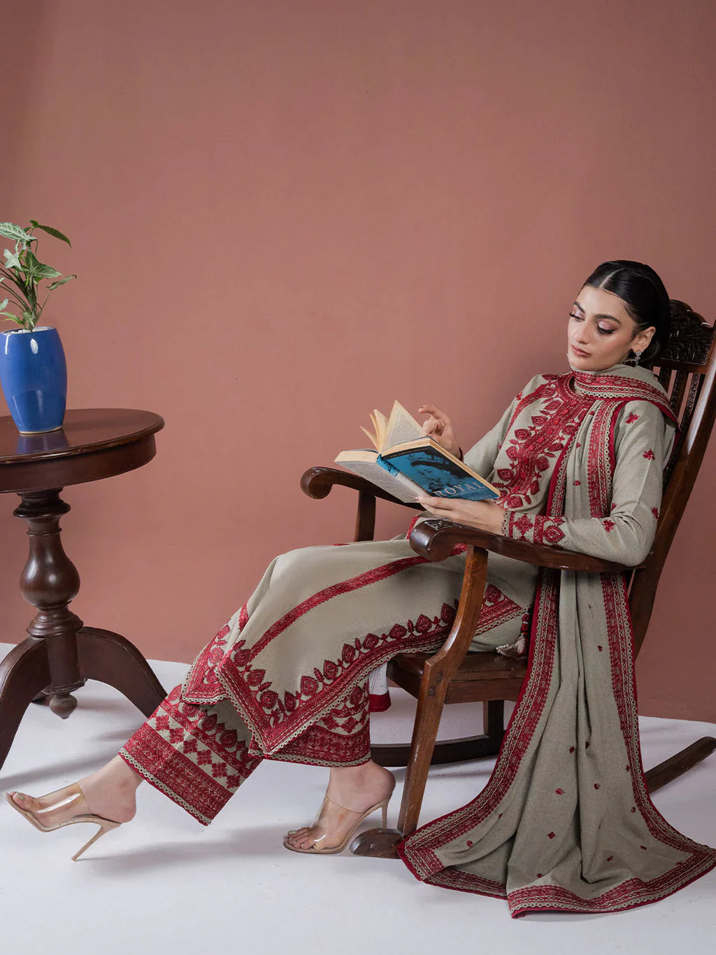 ASIM JOFA - 3PC DHANAK EMBROIDERED SHIRT WITH DHANAK EMBROIDERED SHAWL AND TROUSER - HZG2409