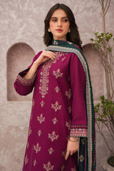 JAZMIN - 3PC DHANAK EMBROIDERED SHIRT WITH TWILL PRINTED SHAWL AND TROUSER - HZG2406