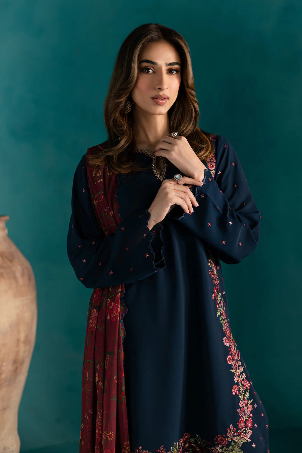 BATIK - 3PC DHANAK EMBROIDERED SHIRT WITH TWILL PRINTED SHAWL AND TROUSER - HZU2432