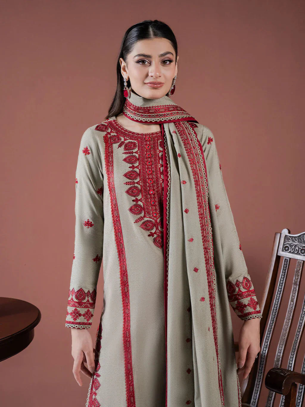 ASIM JOFA - 3PC DHANAK EMBROIDERED SHIRT WITH DHANAK EMBROIDERED SHAWL AND TROUSER - HZG2409