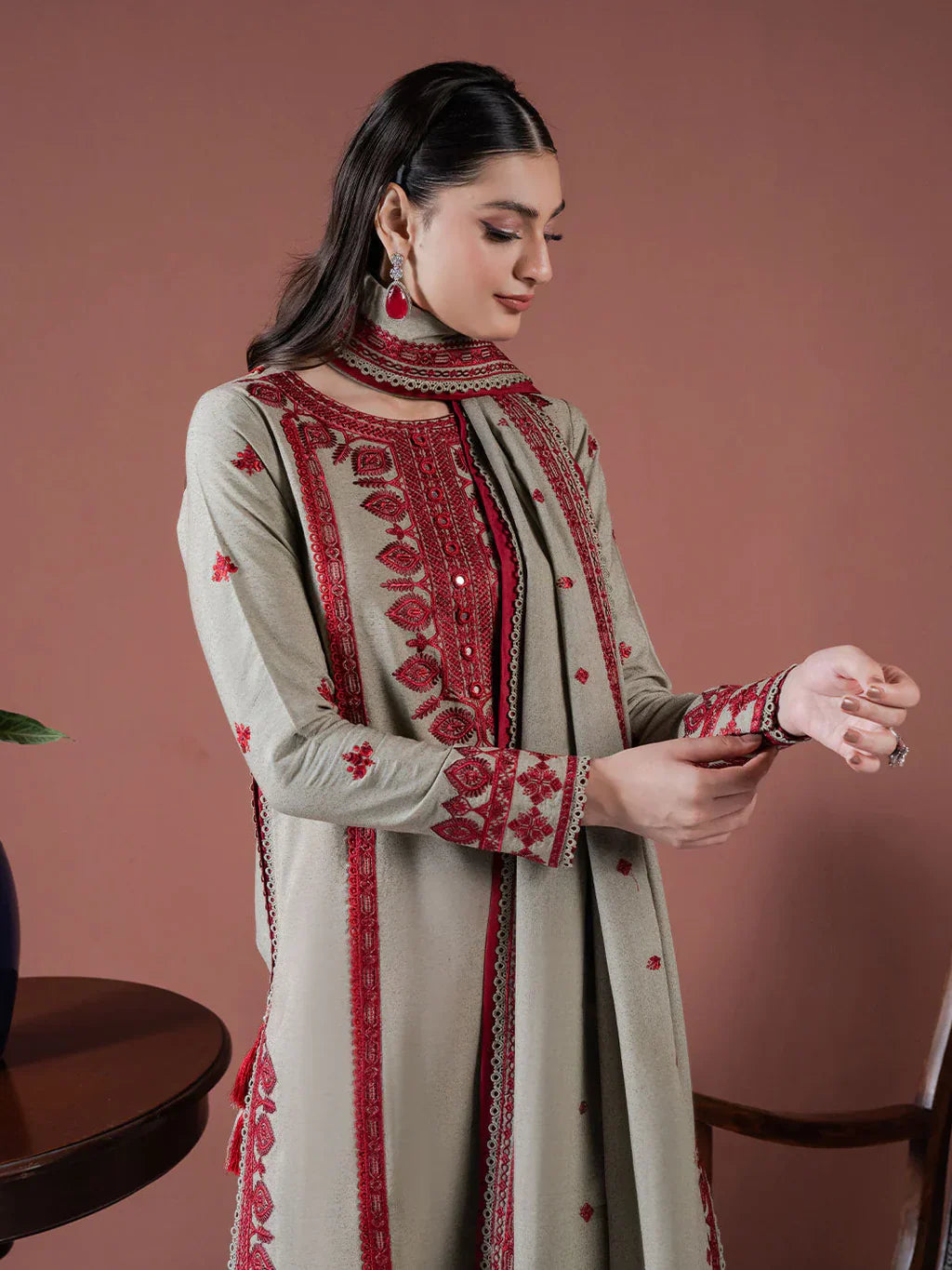 ASIM JOFA - 3PC DHANAK EMBROIDERED SHIRT WITH DHANAK EMBROIDERED SHAWL AND TROUSER - HZG2409