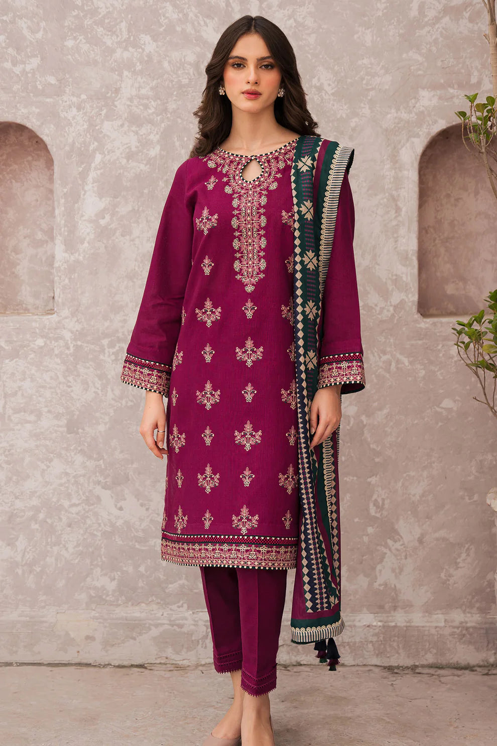 JAZMIN - 3PC LAWN EMBROIDERED SHIRT WITH MANAAR PRINTED DUPATTA AND TROUSER - HZG1399