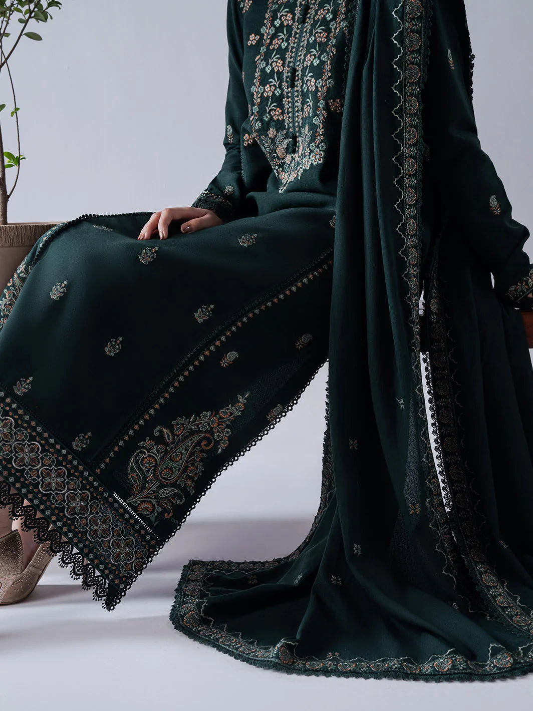 ASIM JOFA - 3PC DHANAK EMBROIDERED SHIRT WITH DHANAK EMBROIDERED SHAWL AND TROUSER - HZG2337