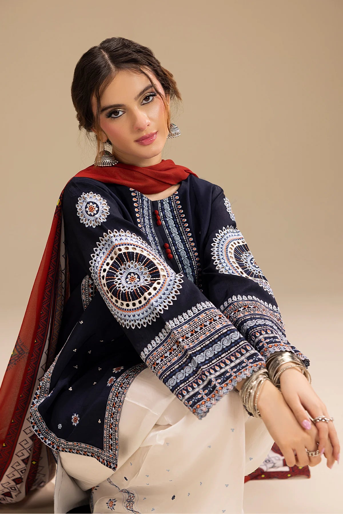 JAZMIN - 3PC DHANAK EMBROIDERED SHIRT WITH TWILL PRINTED SHAWL AND TROUSER - HZU2541