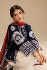 JAZMIN - 3PC DHANAK EMBROIDERED SHIRT WITH TWILL PRINTED SHAWL AND TROUSER - HZU2541