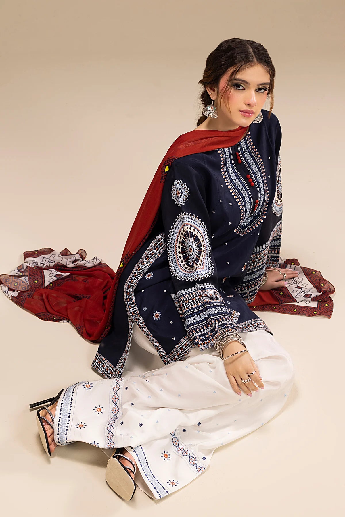 JAZMIN - 3PC DHANAK EMBROIDERED SHIRT WITH TWILL PRINTED SHAWL AND TROUSER - HZU2541