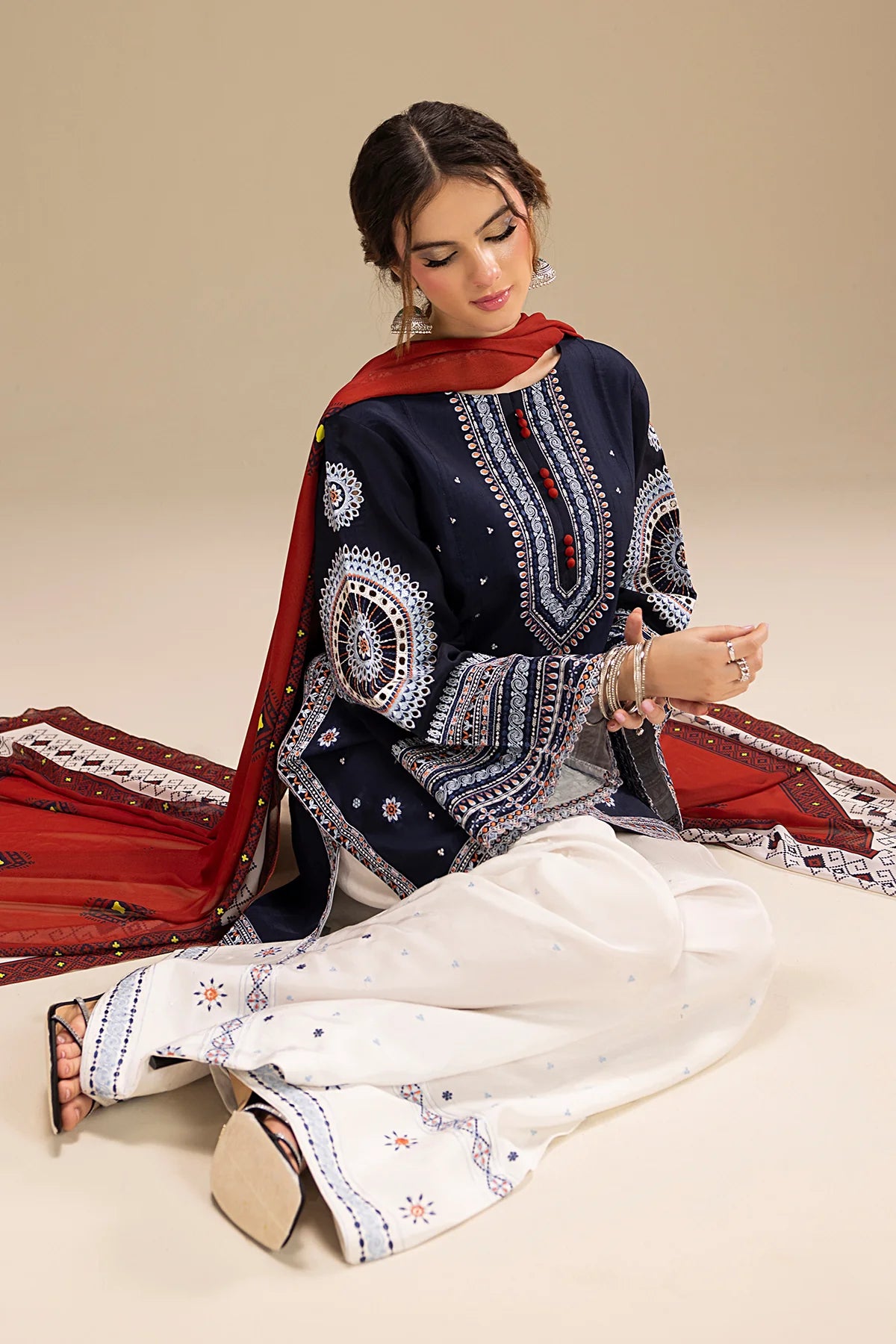 JAZMIN - 3PC DHANAK EMBROIDERED SHIRT WITH TWILL PRINTED SHAWL AND TROUSER - HZU2541