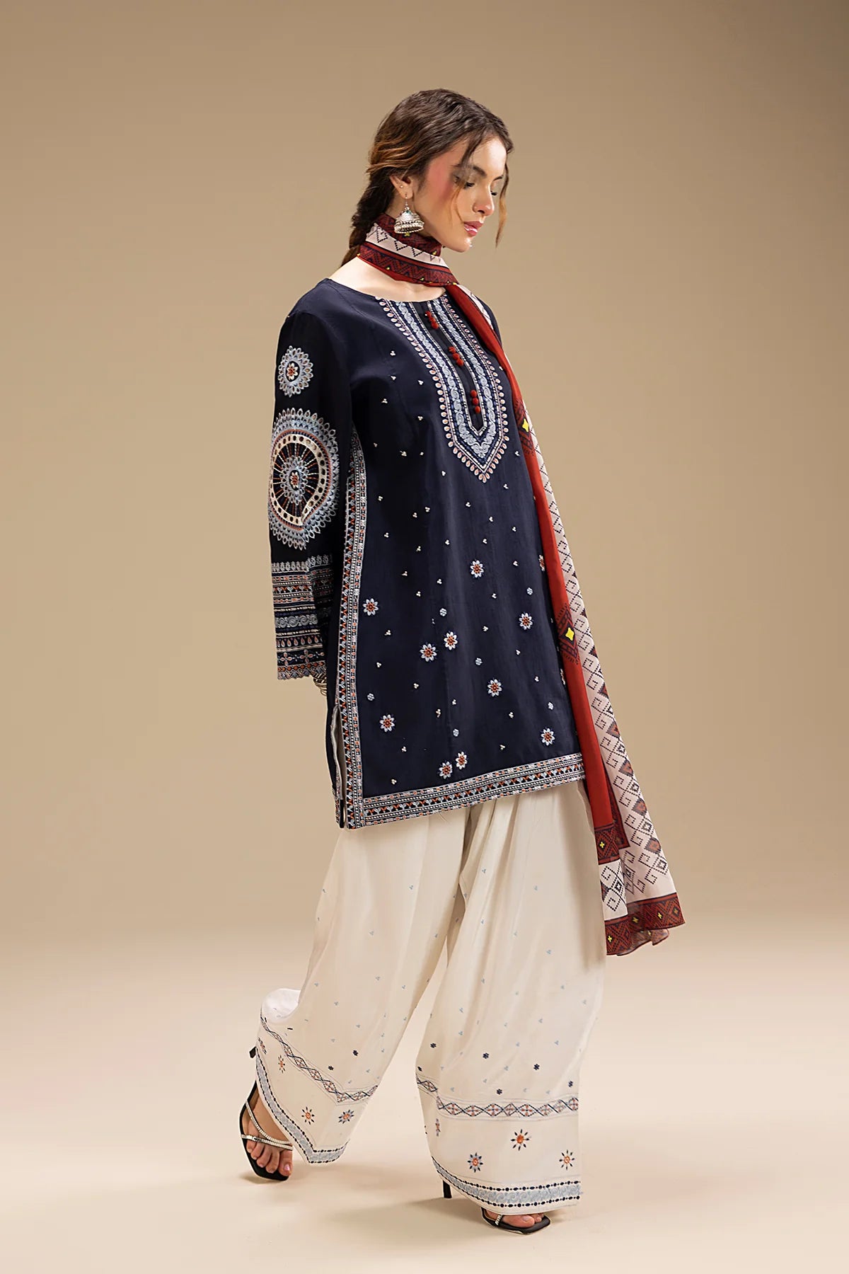 JAZMIN - 3PC DHANAK EMBROIDERED SHIRT WITH TWILL PRINTED SHAWL AND TROUSER - HZU2541