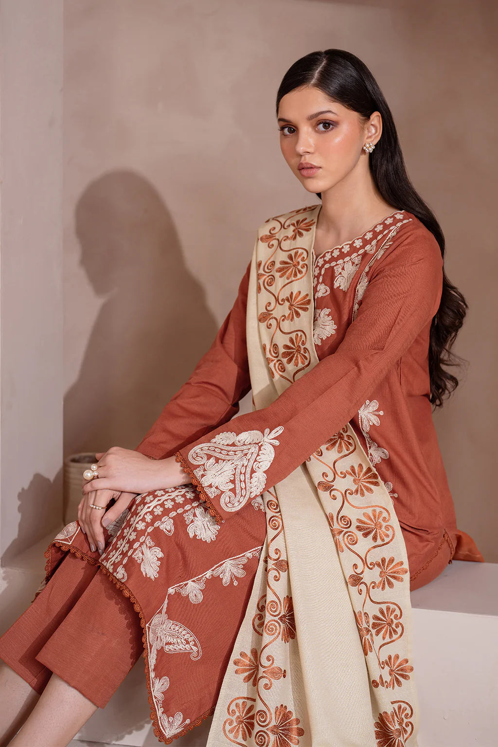 IZNIK - 3PC DHANAK EMBROIDERED SHIRT WITH TWILL PRINTED SHAWL AND TROUSER - HZG2024