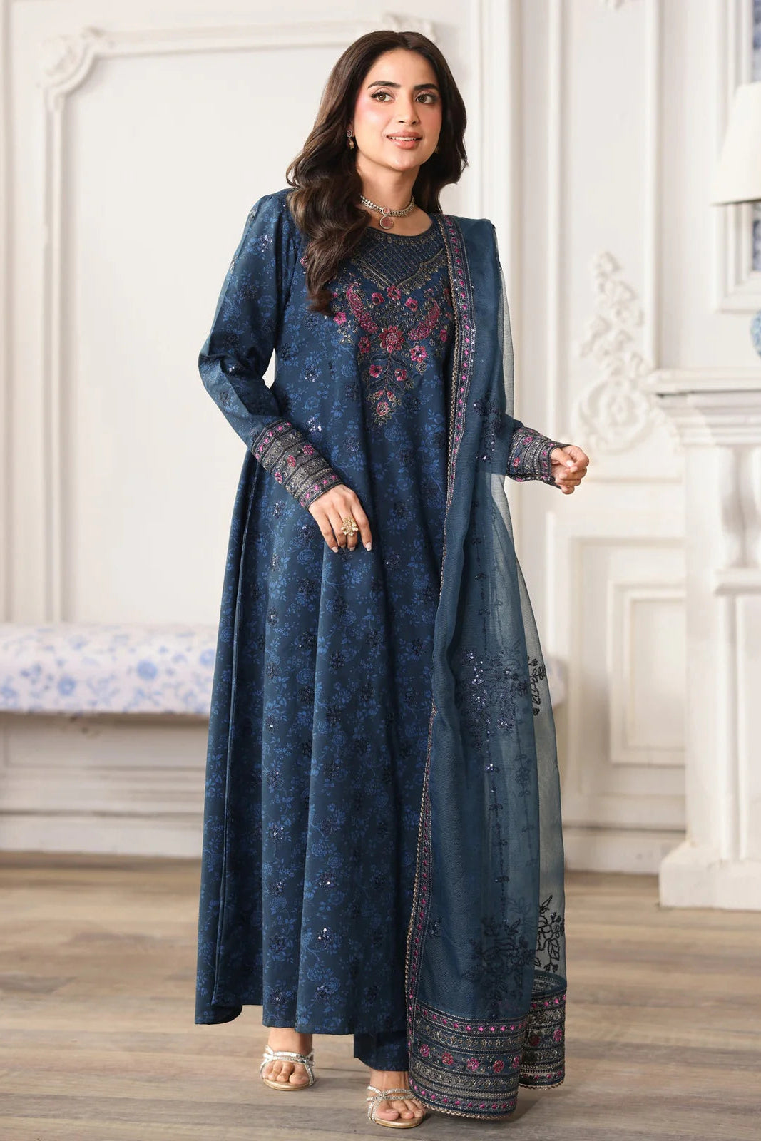MOHAGNI - 3PC LAWN PRINTED SHIRT WITH ORGANZA EMBROIDERED DUPATTA AND TROUSER - HZG2916