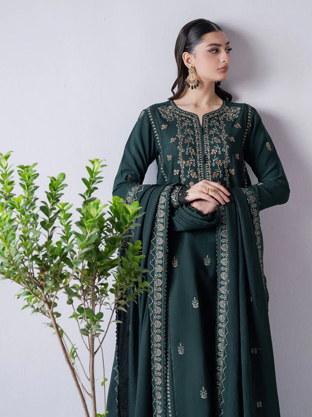 ASIM JOFA - 3PC DHANAK EMBROIDERED SHIRT WITH DHANAK EMBROIDERED SHAWL AND TROUSER - HZG2337
