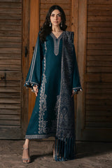 IZEL - 3PC DHANAK EMBROIDERED SHIRT TWILL PRINTED SHAWL AND TROUSER - HZG3158