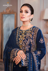 ASIM JOFA - 3PC VELVET EMBROIDERED SHIRT WITH CHIFFON EMBROIDERED DUPATTA & TROUSER - HZU2566