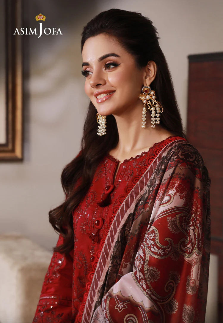 ASIM JOFA - 3PC DHANAK EMBROIDERED SHIRT WITH TWILL PRINTED SHAWL AND TROUSER - HZG2424