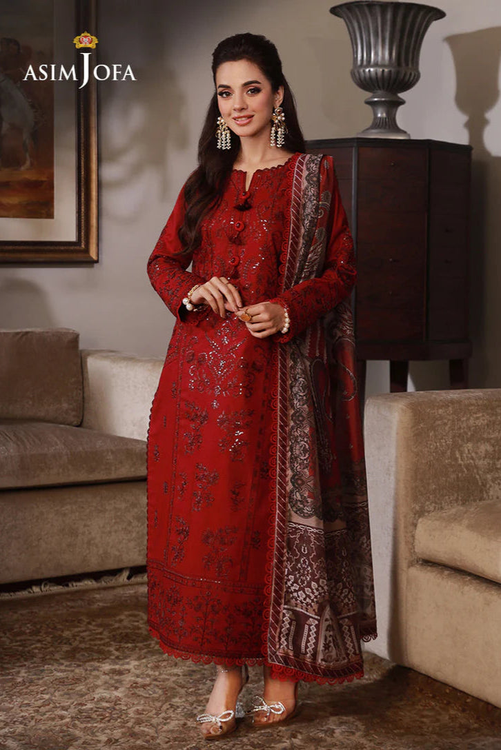 ASIM JOFA - 3PC DHANAK EMBROIDERED SHIRT WITH TWILL PRINTED SHAWL AND TROUSER - HZG2424