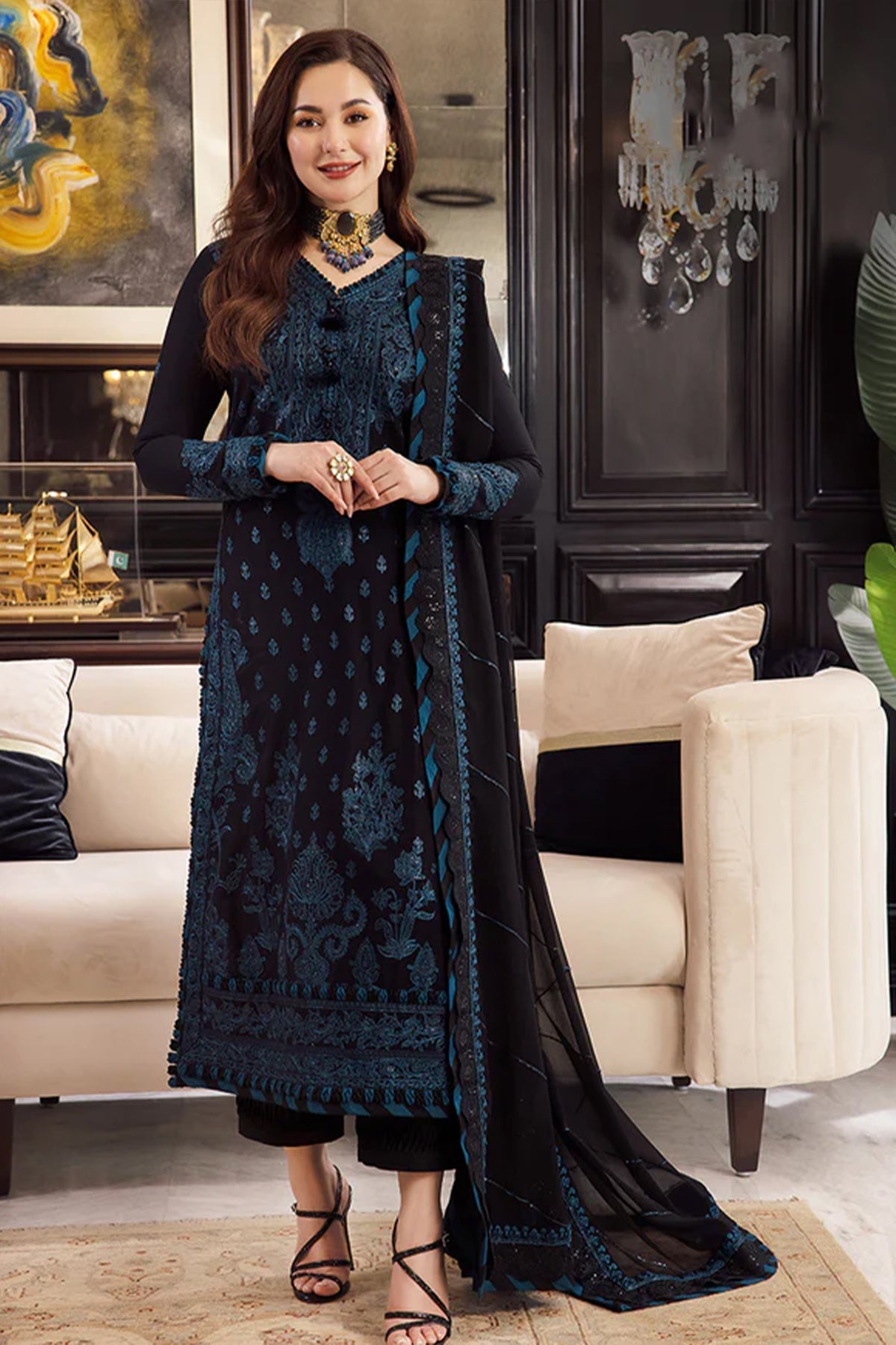 ASIM JOFA - 3PC LAW  EMBROIDERED SHIRT WITH CHIFFON EMBROIDERED DUPATTA AND TROUSER - HZG1609