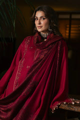 IZEL - 3PC DHANAK EMBROIDERED SHIRT TWILL PRINTED SHAWL AND TROUSER - HZG3162
