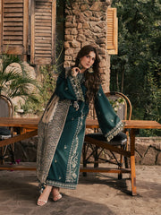 IZEL - 3PC DHANAK EMBROIDERED SHIRT TWILL PRINTED SHAWL AND TROUSER - HZG3156