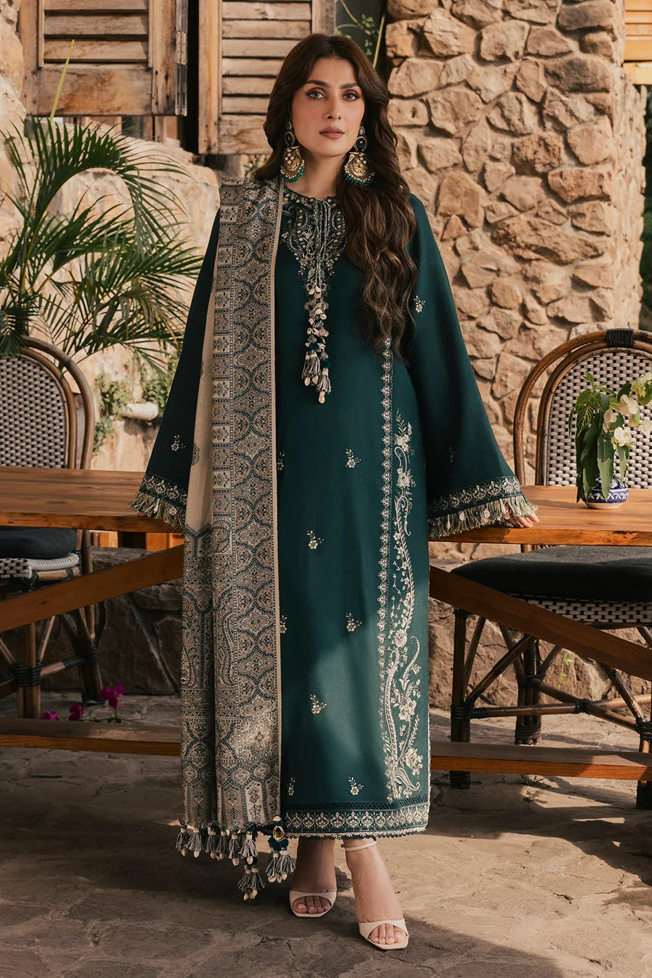 IZEL - 3PC DHANAK EMBROIDERED SHIRT TWILL PRINTED SHAWL AND TROUSER - HZG3156