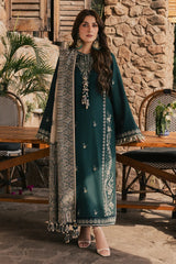 IZEL - 3PC DHANAK EMBROIDERED SHIRT TWILL PRINTED SHAWL AND TROUSER - HZG3156