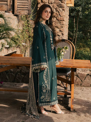 IZEL - 3PC DHANAK EMBROIDERED SHIRT TWILL PRINTED SHAWL AND TROUSER - HZG3156