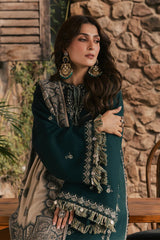 IZEL - 3PC DHANAK EMBROIDERED SHIRT TWILL PRINTED SHAWL AND TROUSER - HZG3156