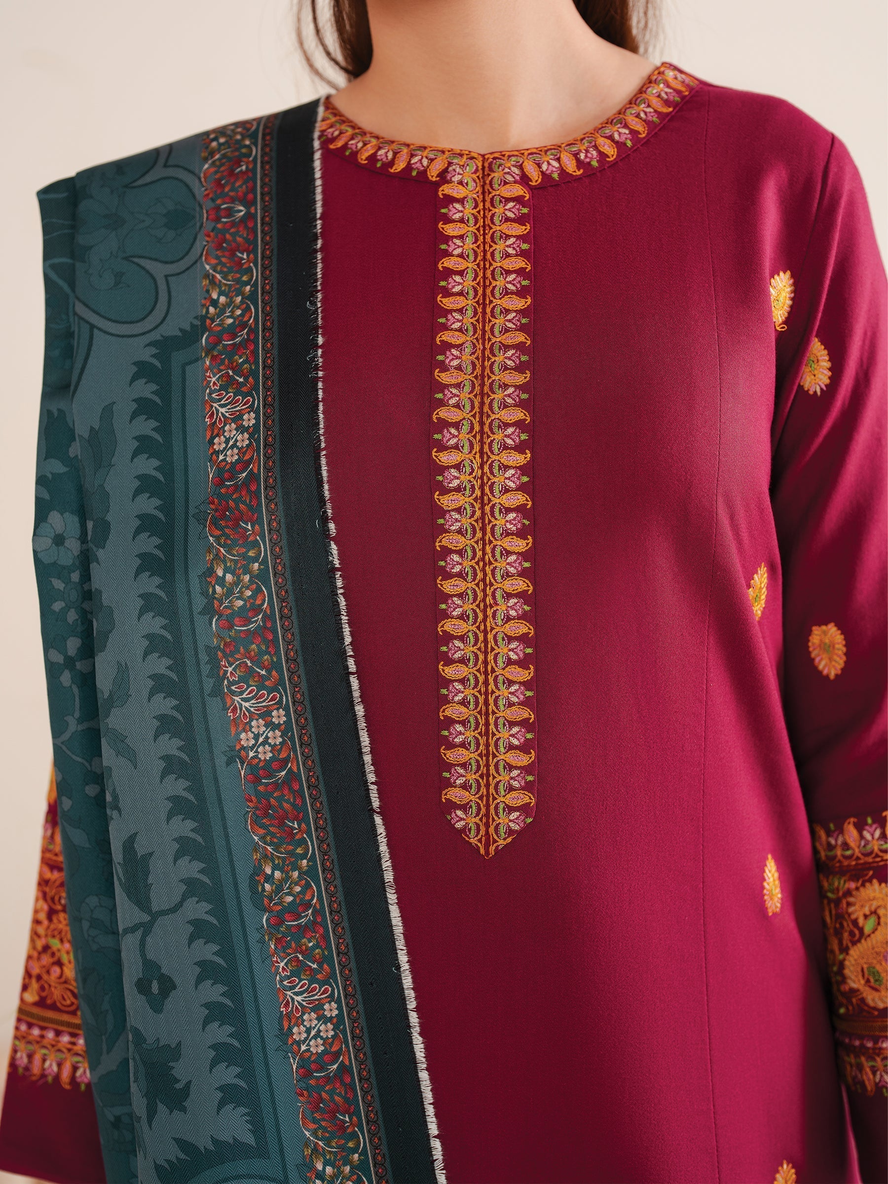 GARNET - 3PC LAWN EMBROIDERED SHIRT WITH MANAAR PRINTED DUPATTA AND TROUSER - HZG2102