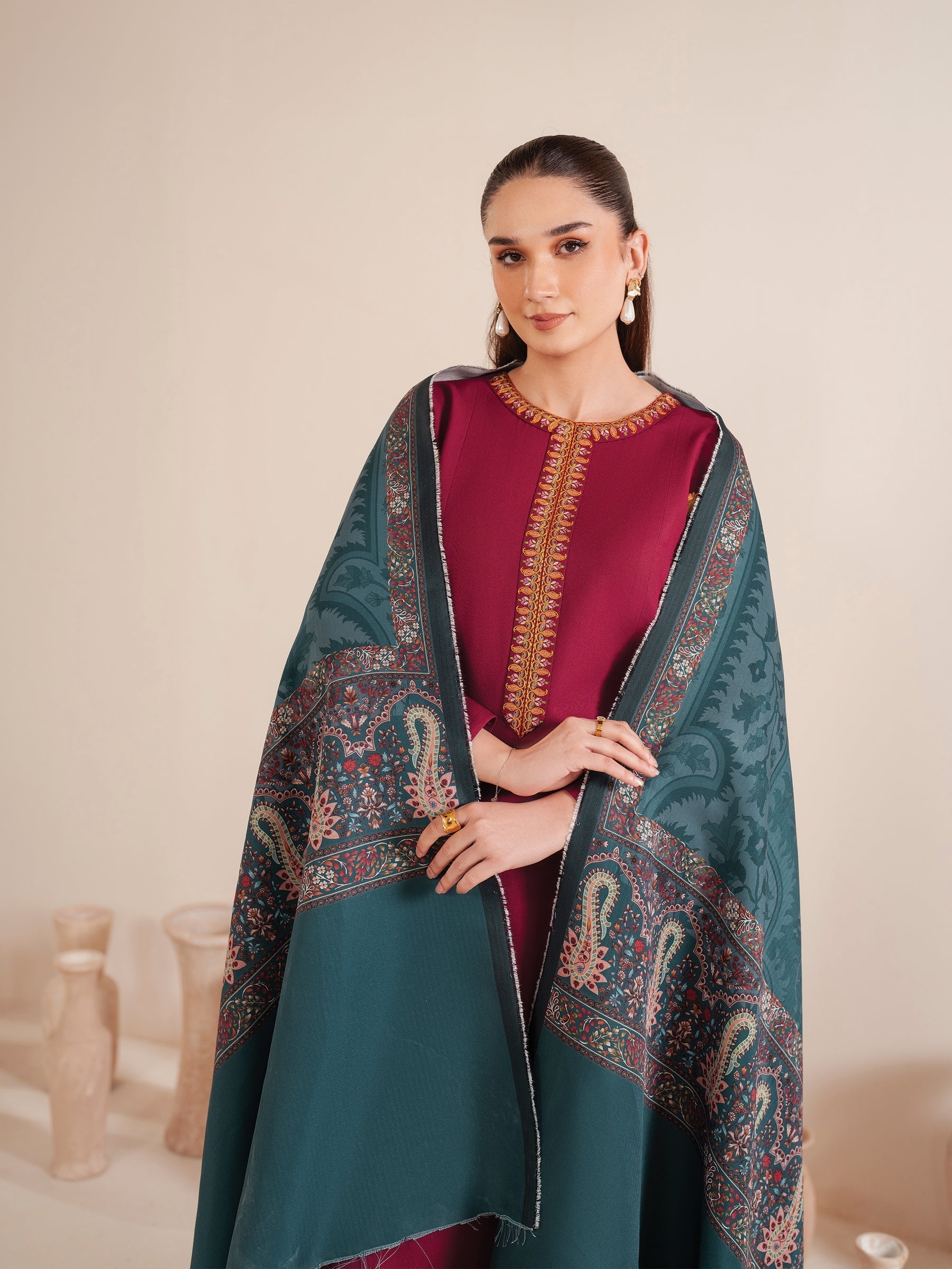 GARNET - 3PC LAWN EMBROIDERED SHIRT WITH MANAAR PRINTED DUPATTA AND TROUSER - HZG2102