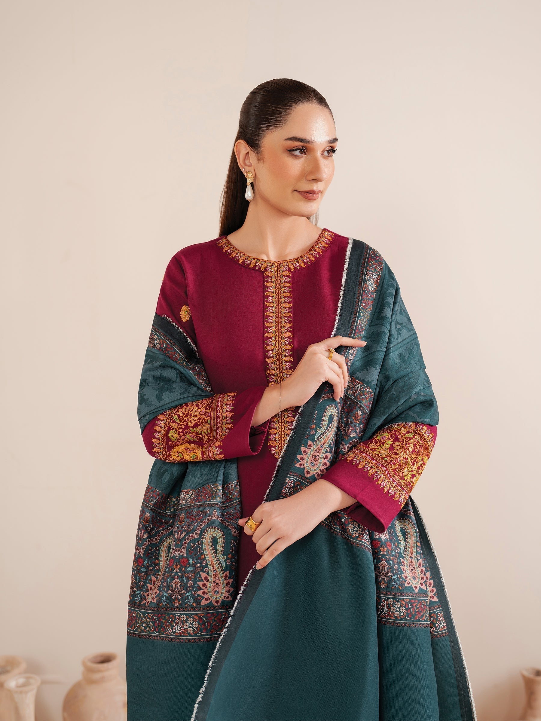 GARNET - 3PC LAWN EMBROIDERED SHIRT WITH MANAAR PRINTED DUPATTA AND TROUSER - HZG2102