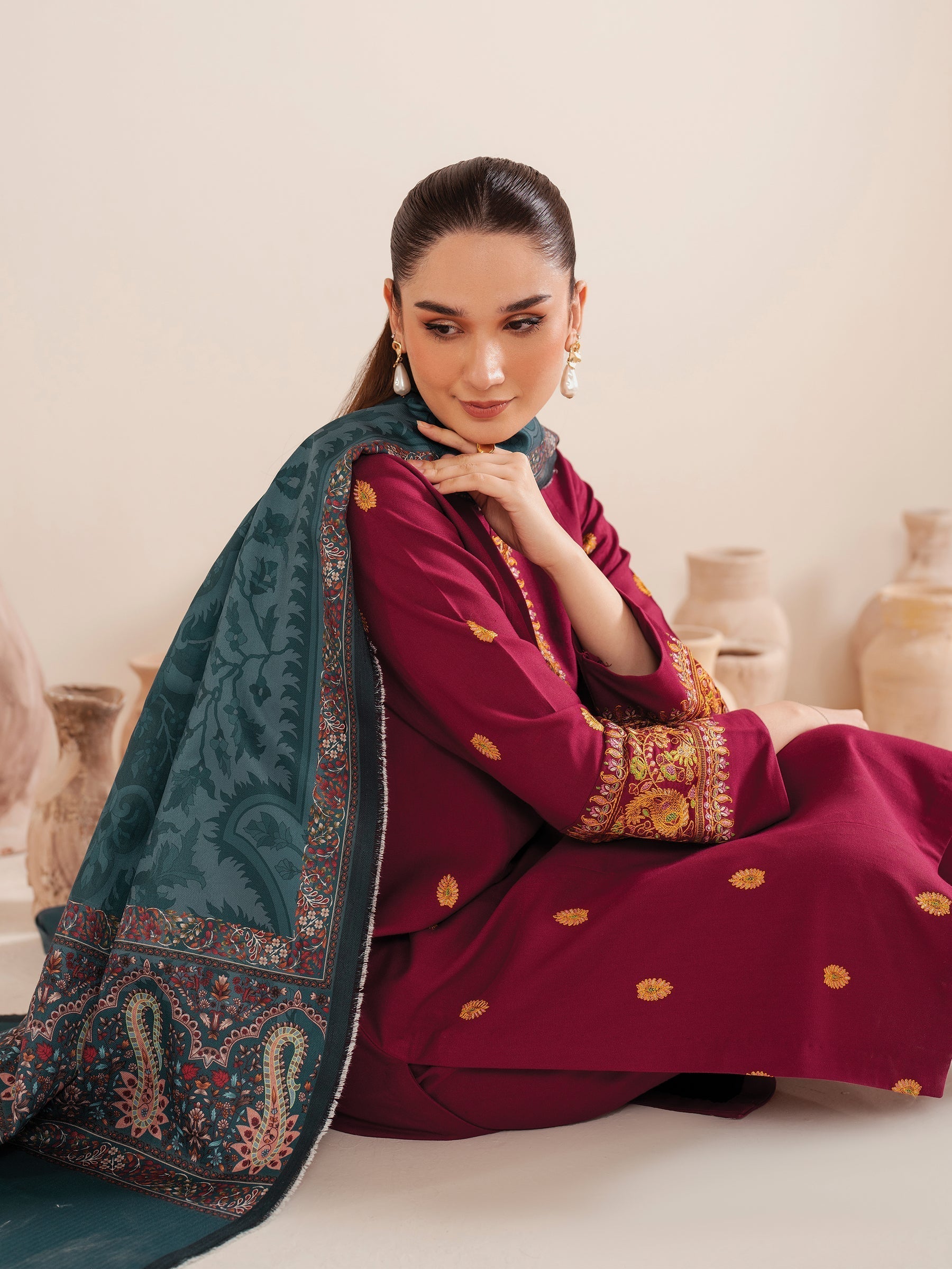 GARNET - 3PC LAWN EMBROIDERED SHIRT WITH MANAAR PRINTED DUPATTA AND TROUSER - HZG2102