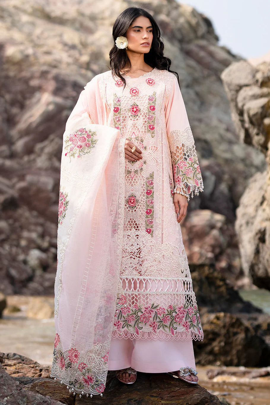 MAHNUR - 3PC LAWN LASERWORK EMBROIDERED SHIRT WITH KHADDI NET EMBROIDERED DUPATTA AND TROUSER - HZG2761