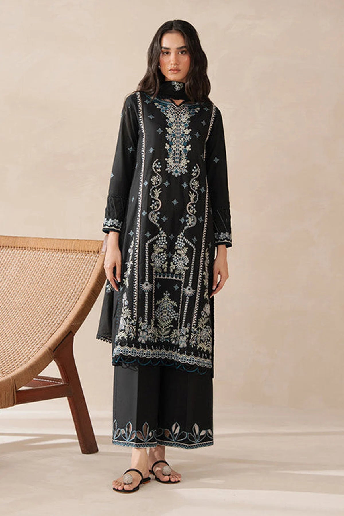 BATIK - 3PC KARANDI EMBROIDERED SHIRT WITH KHADI NET EMBROIDERED DUPATTA AND TROUSER - HZU2433