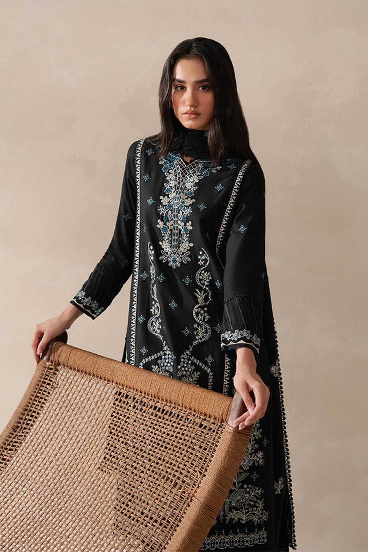 BATIK - 3PC KARANDI EMBROIDERED SHIRT WITH KHADI NET EMBROIDERED DUPATTA AND TROUSER - HZU2433