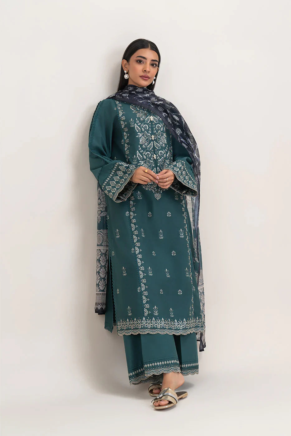 SAPPHIRE - 3PC DHANAK EMBROIDERED SHIRT WITH TWILL PRINTED SHAWL AND TROUSER - HZG2379
