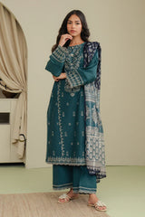 SAPPHIRE - 3PC DHANAK EMBROIDERED SHIRT WITH TWILL PRINTED SHAWL AND TROUSER - HZG2379