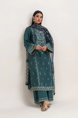 SAPPHIRE - 3PC DHANAK EMBROIDERED SHIRT WITH TWILL PRINTED SHAWL AND TROUSER - HZG2379