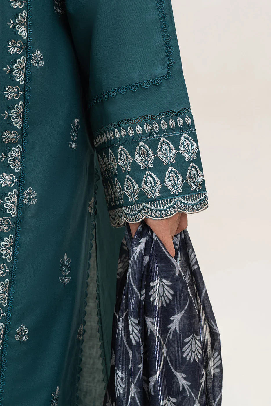 SAPPHIRE - 3PC DHANAK EMBROIDERED SHIRT WITH TWILL PRINTED SHAWL AND TROUSER - HZG2379