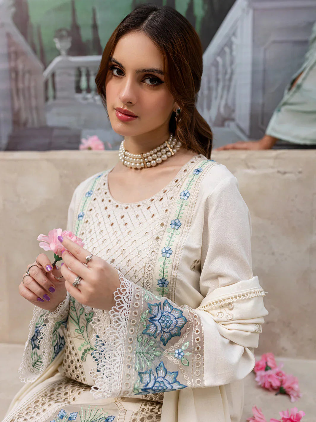 MAHNUR - 3PC DHANAK EMBROIDERED SHIRT WITH DHANAK LASER EMBROIDERED DUPATTA AND TROUSER - HZG2388