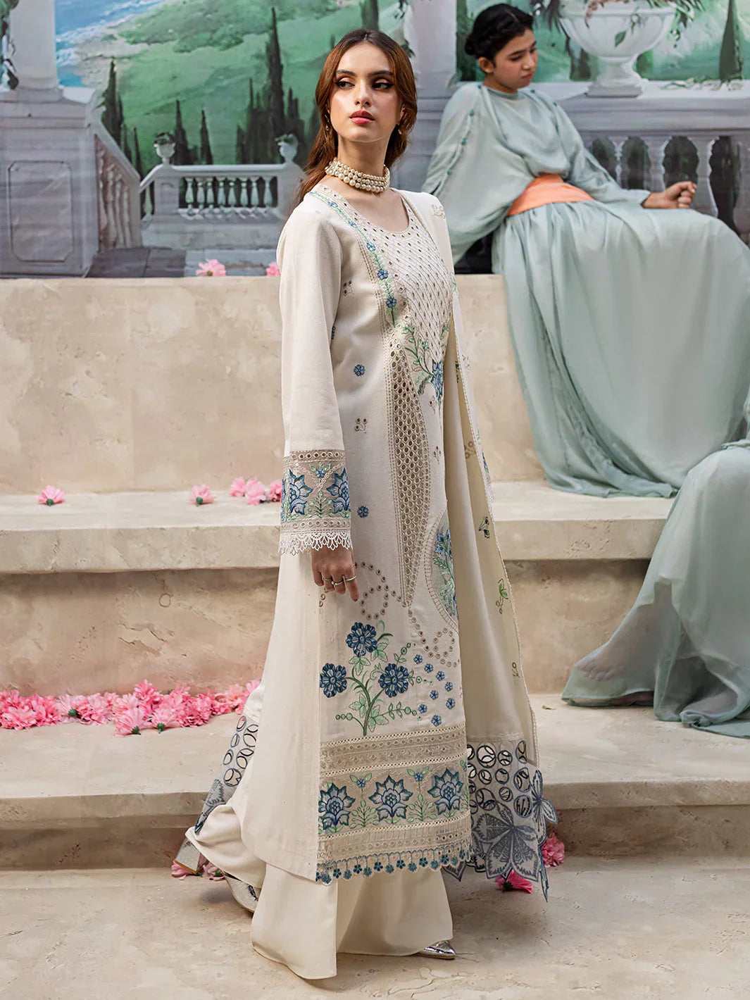 MAHNUR - 3PC DHANAK EMBROIDERED SHIRT WITH DHANAK LASER EMBROIDERED DUPATTA AND TROUSER - HZG2388