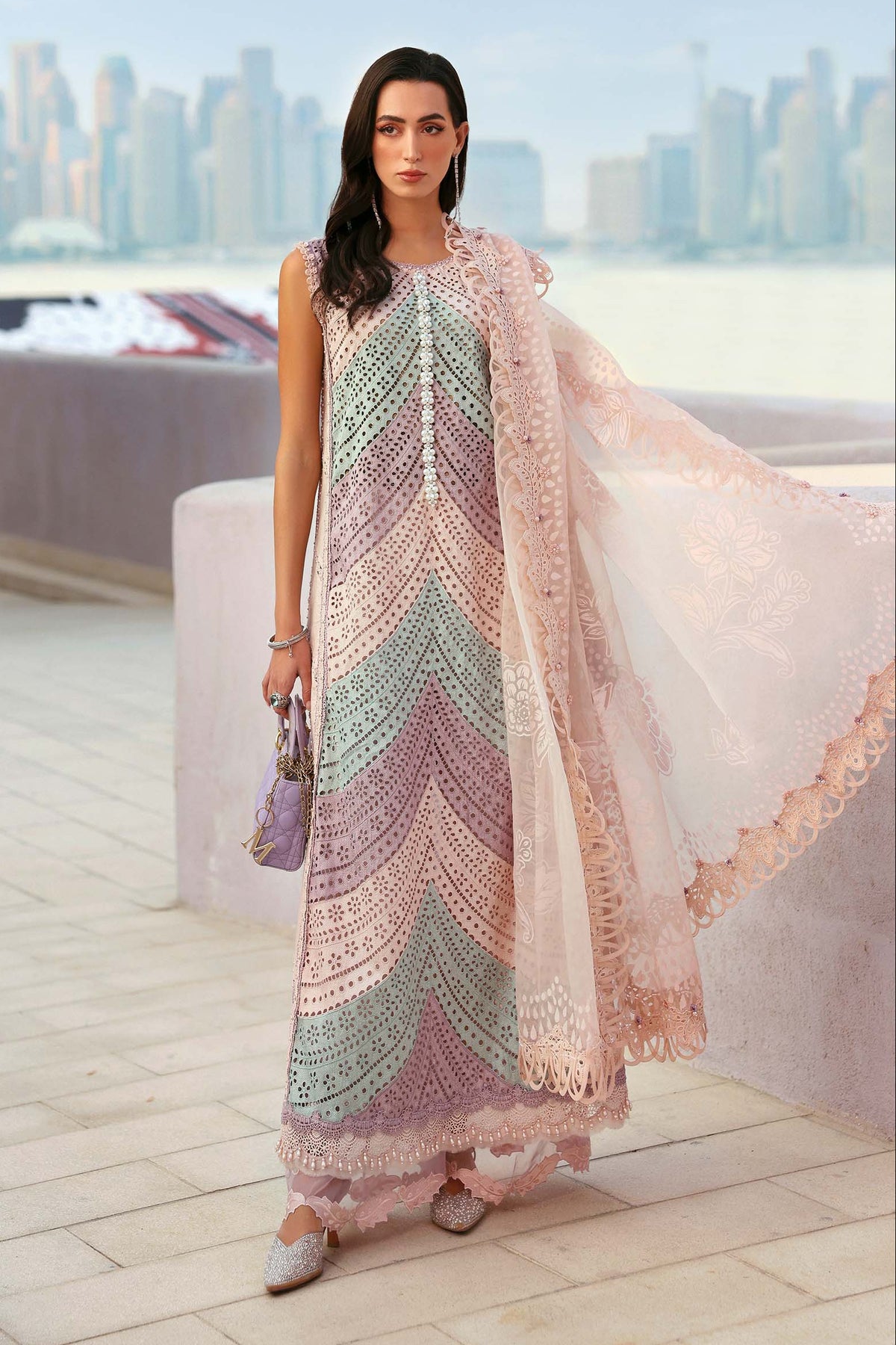 MARIA B - 3PC LAWN CHIKANKAARI EMBROIDERED SHIRT WITH SELF JACQUARD EMBROIDERED DUPATTA AND TROUSER - HZG2790