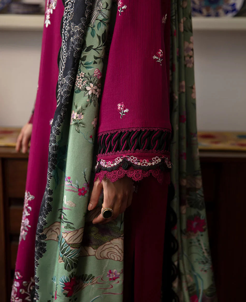 REPUBLIC WOMENSWEAR - 3PC DHANAK EMBROIDERED SHIRT WITH TWILL PRINTED SHAWL AND TROUSER - HZG2403