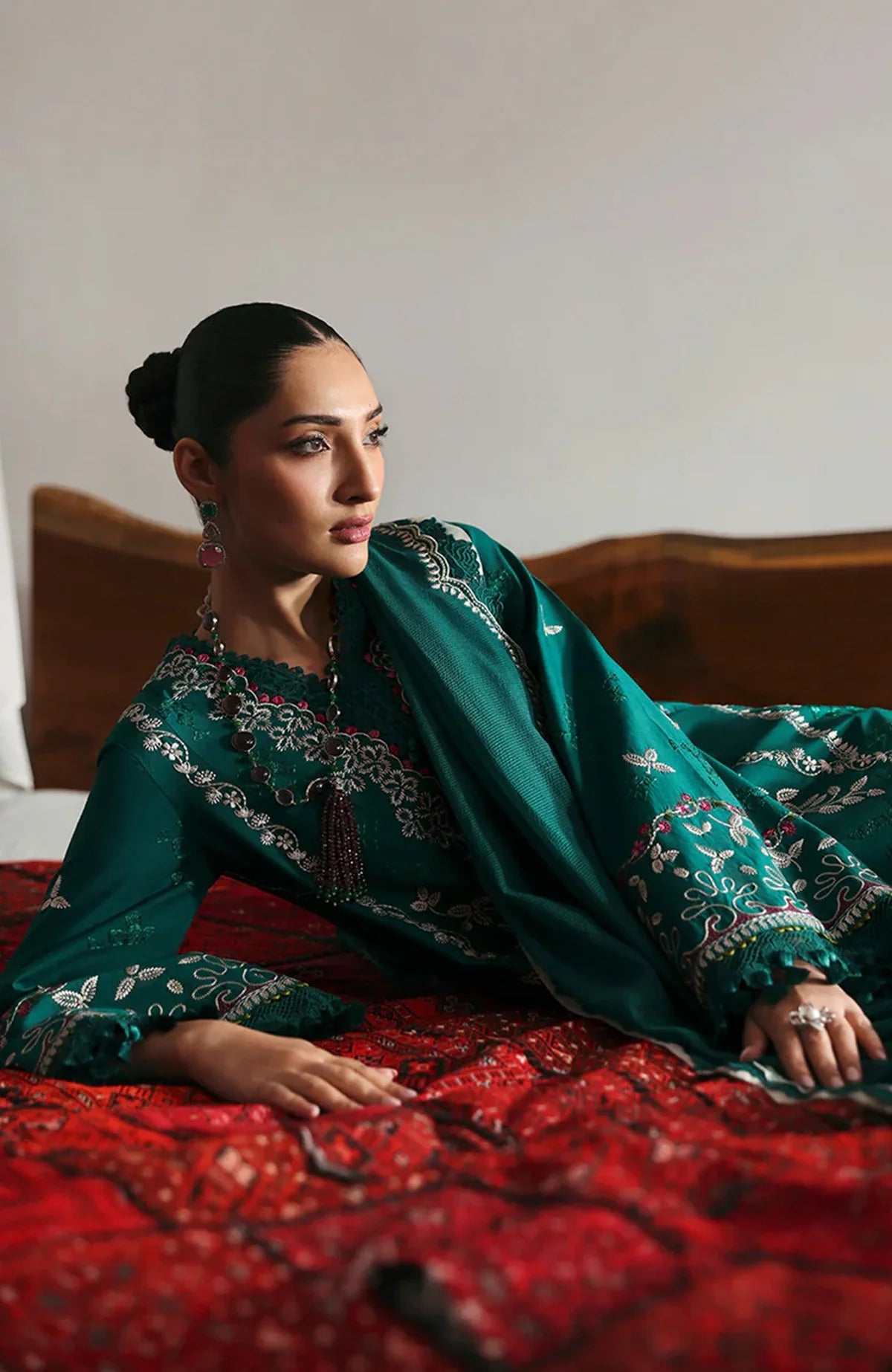 REPUBLIC WOMENSWEAR - 3PC DHANAK EMBROIDERED SHIRT WITH DHANAK EMBROIDERED SHAWL AND TROUSER - HZU2430