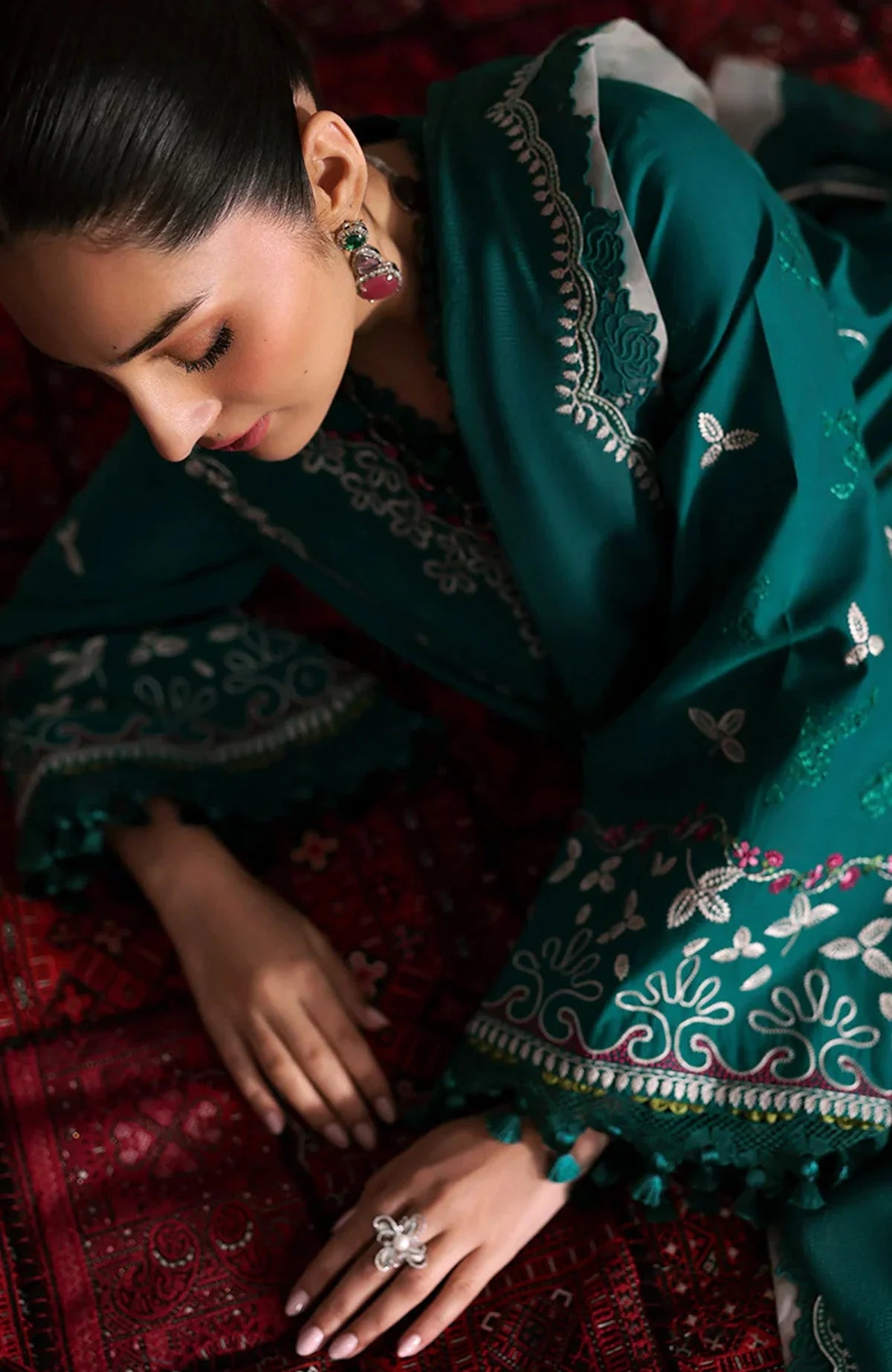 REPUBLIC WOMENSWEAR - 3PC DHANAK EMBROIDERED SHIRT WITH DHANAK EMBROIDERED SHAWL AND TROUSER - HZU2430