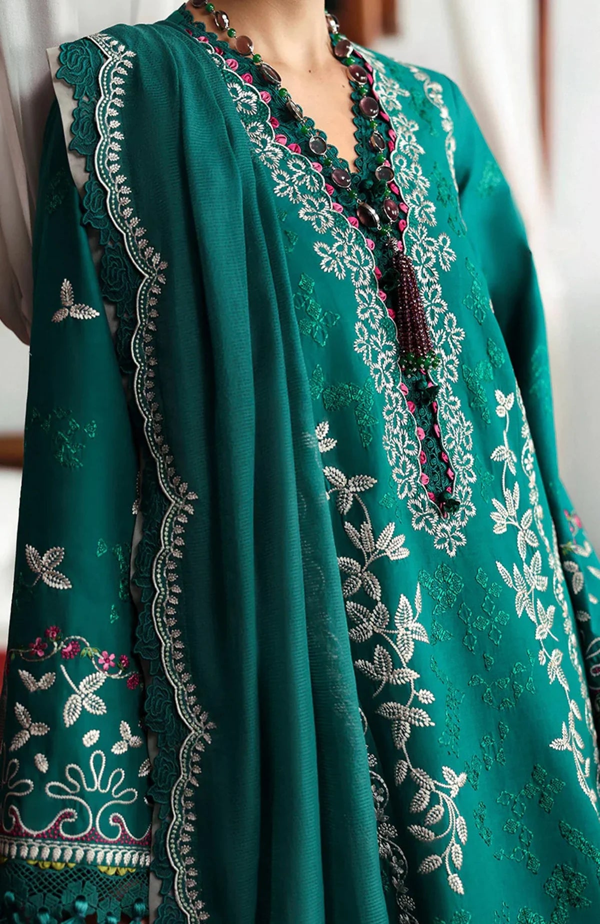 REPUBLIC WOMENSWEAR - 3PC DHANAK EMBROIDERED SHIRT WITH DHANAK EMBROIDERED SHAWL AND TROUSER - HZU2430