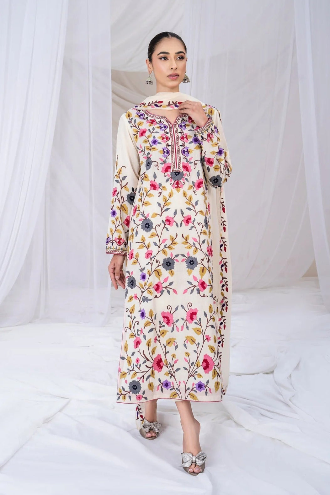 SAPPHIRE - 3PC DHANAK EMBROIDERED SHIRT WITH CHIFFON EMBROIDERED DUPATTA AND TROUSER - HZU2461