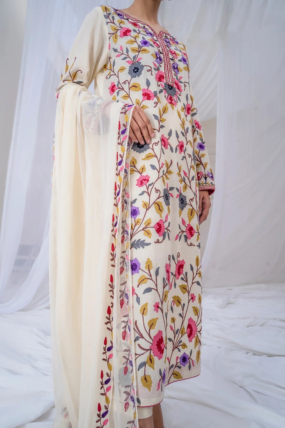 SAPPHIRE - 3PC DHANAK EMBROIDERED SHIRT WITH CHIFFON EMBROIDERED DUPATTA AND TROUSER - HZU2461